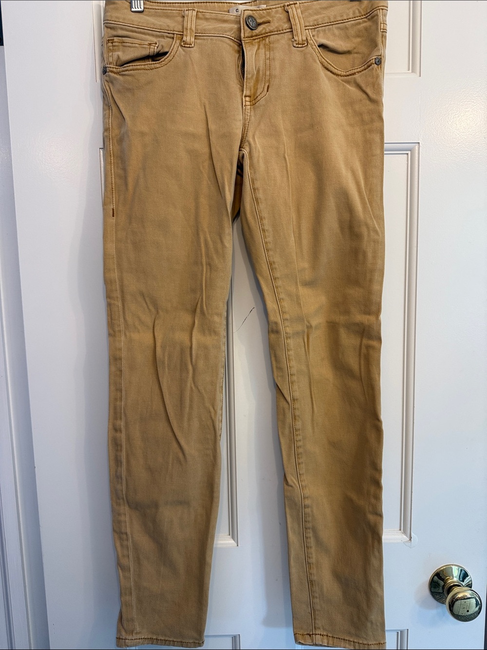 CAbi Tan Casual Jeans with Brushed Metal Button